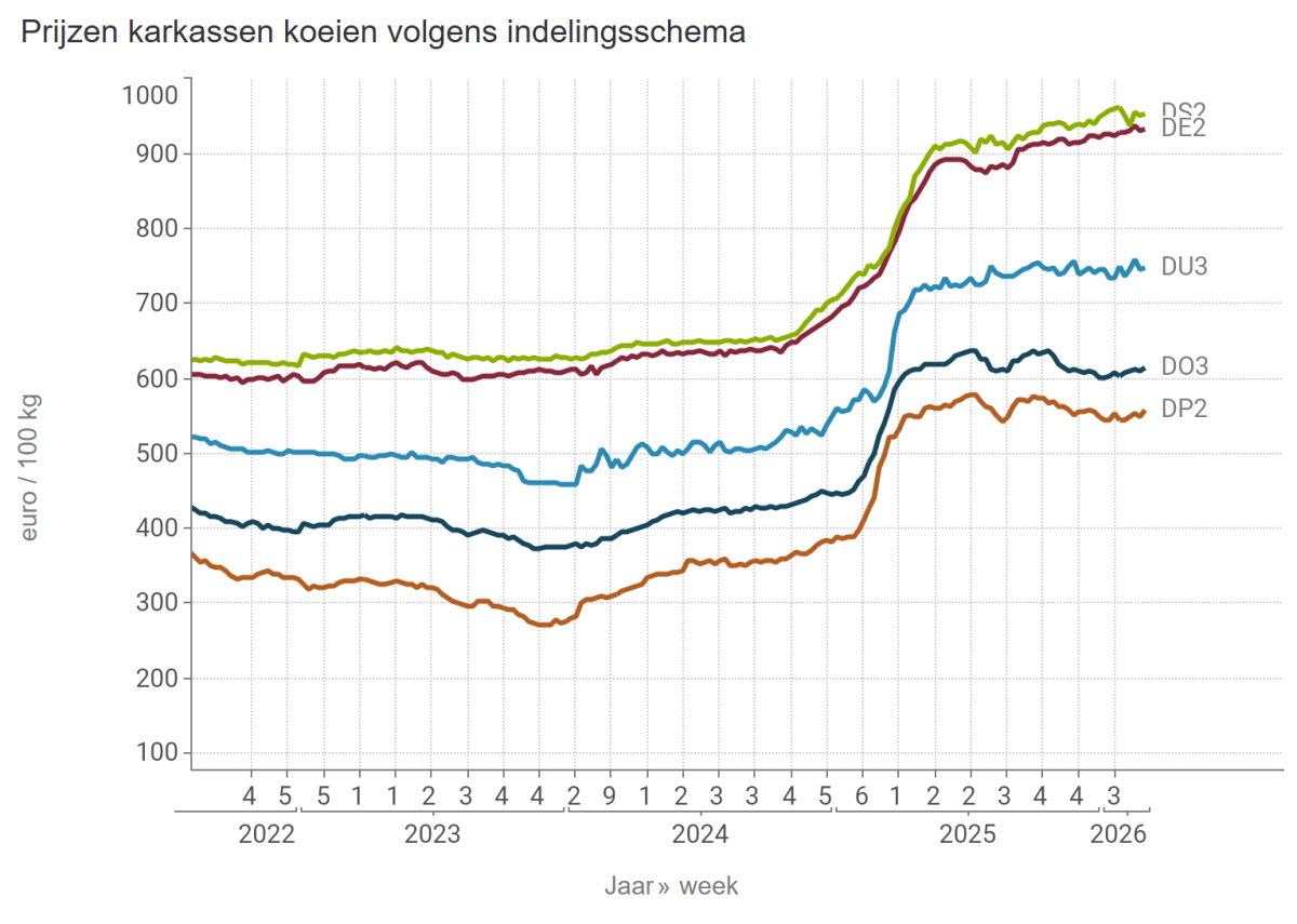 Prijzen karkassen koeien volgens indelingsschema