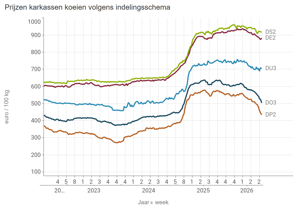 Prijzen karkassen koeien volgens indelingsschema